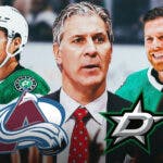 Jared Bednar in middle of image looking impressed, Jason Robertson and Joe Pavelski on either side looking happy, Colorado Avalanche and Dallas Stars logos, hockey rink in background