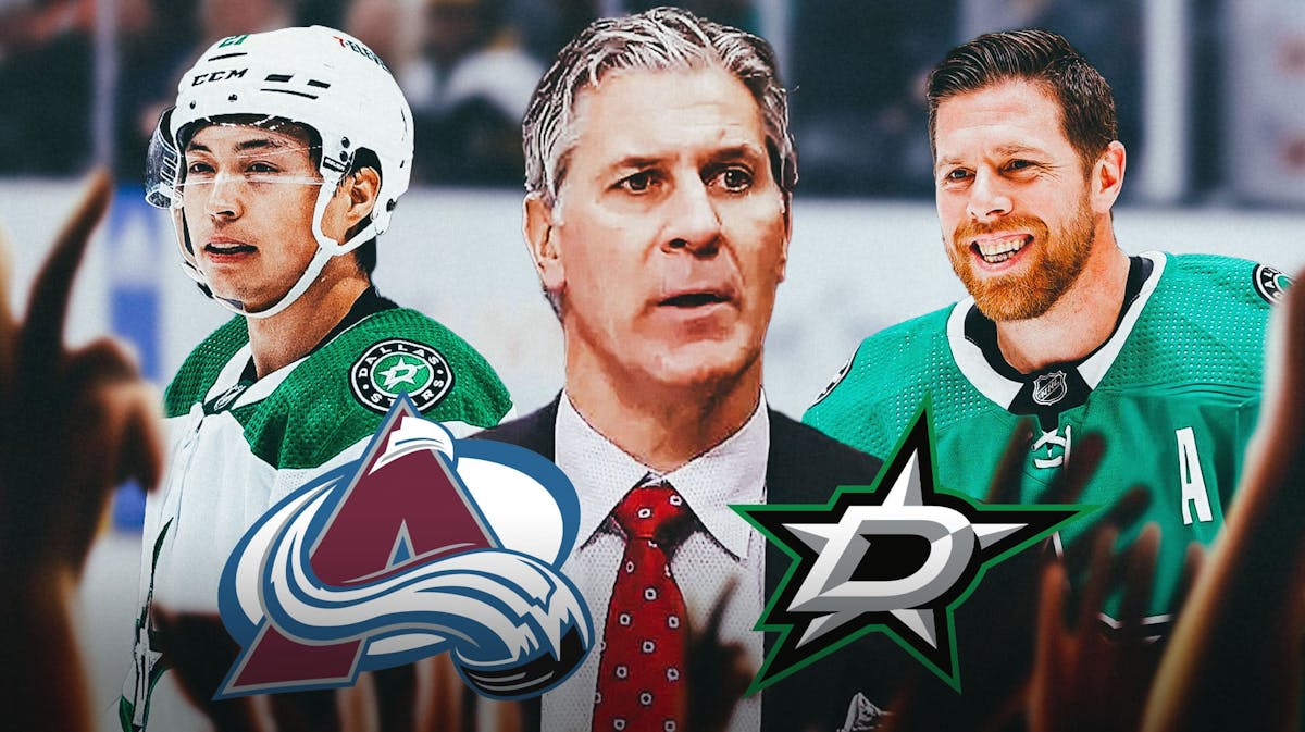 Jared Bednar in middle of image looking impressed, Jason Robertson and Joe Pavelski on either side looking happy, Colorado Avalanche and Dallas Stars logos, hockey rink in background