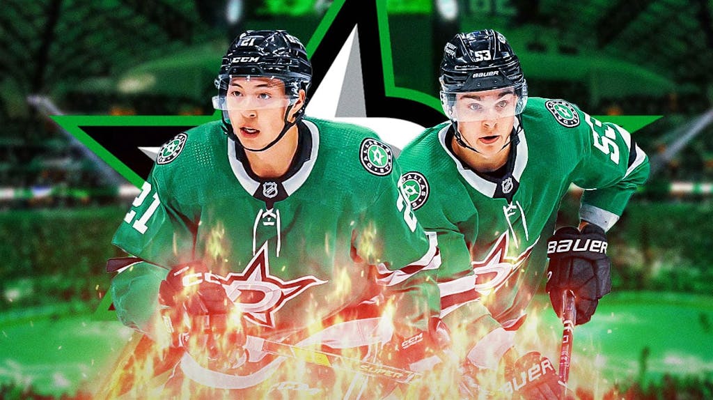 Jason Robertson and Wyatt Johnston with fire around them looking happy, Dallas Stars logo, hockey rink in background