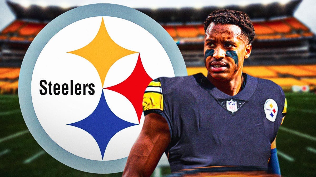 Courtland Sutton wearing a Steelers jersey next to a Steelers logo