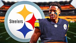 Courtland Sutton wearing a Steelers jersey next to a Steelers logo
