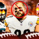 Travis Kelce and Jason Kelce with Pittsburgh Steelers’ tight end Pat Freiermuth between them. Travis and Jason have fire eyes and Pat Freiermuth has a circle with a line through it over his face.