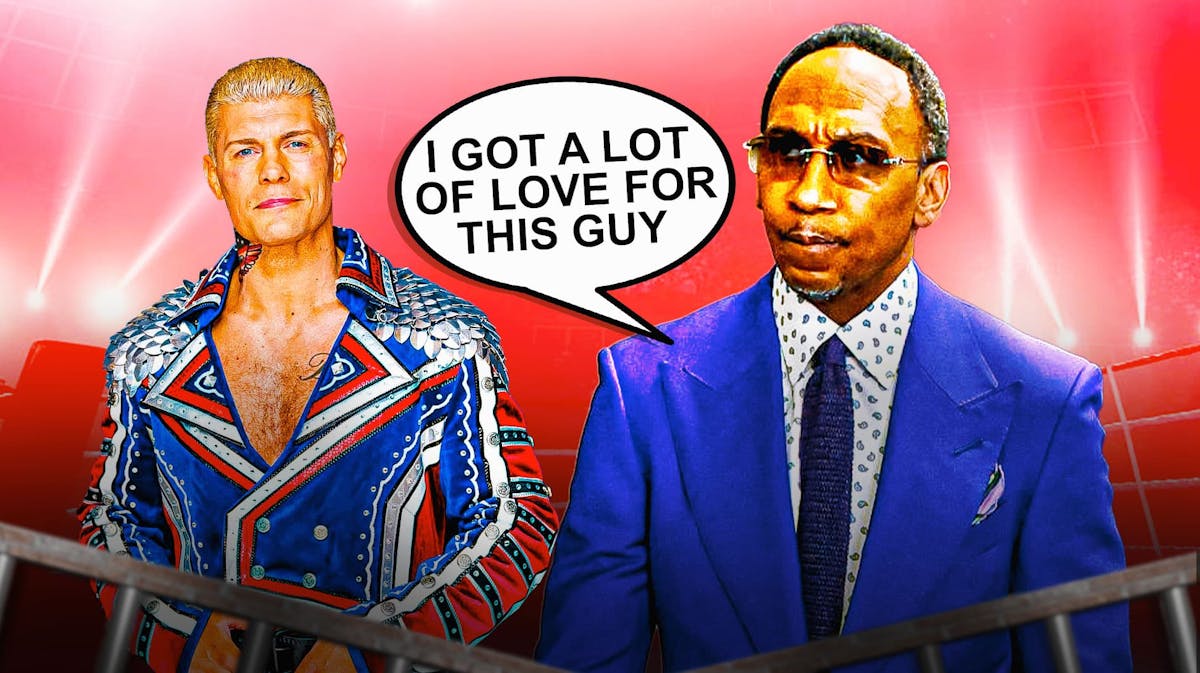 Stephen A. Smith with a text bubble reading "Igot a lot of love for this guy" next to Cody Rhodes with the WrestleMania 40 logo as the background.