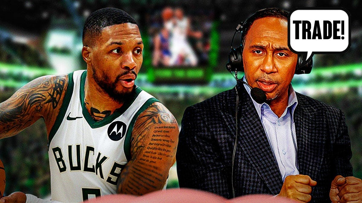 On left, Stephen A. Smith saying the following: Trade! On right, Bucks' Damian Lillard looking serious.