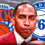 Stephen A. Smith in the middle, Knicks and 76ers logo on either side of him