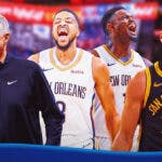 Warriors' Steve Kerr and Stephen Curry with Pelicans' CJ McCollum and Zion Williamson