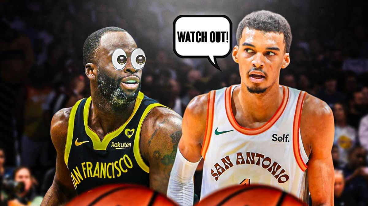 Spurs' Victor Wembanyama saying "Watch out!" to Warriors' Draymond Green