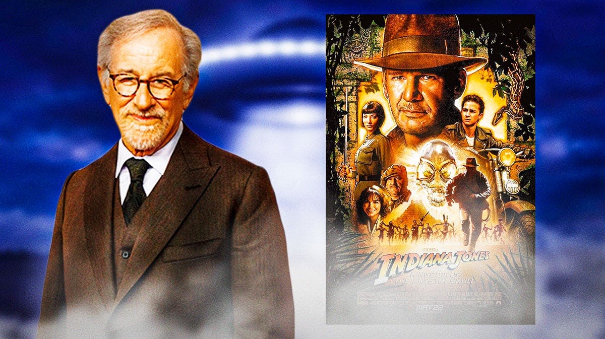 Steven Spielberg with UFO background and Indiana Jones 4 poster (Kingdom of the Crystal Skull).