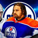 Stuart Skinner in middle of image looking happy with fire around him, Anze Kopitar and Adrian Kempe on either side looking stern, Edmonton Oilers logo, hockey rink in background