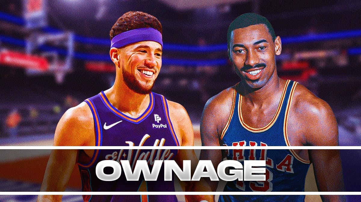 Suns' Devin Booker and Wilt Chamberlain smiling, with caption below: OWNAGE