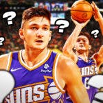 Suns' Grayson Allen in middle shooting a basketball. Place a question mark on his left and his right.
