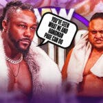 Swerve Strickland with a text bubble reading " You’ve seen what me and Hangman Page can do" next to Samoa Joe with the AEW Dynasty logo as the background.