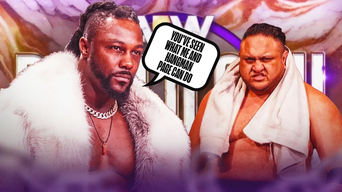 Swerve Strickland with a text bubble reading " You’ve seen what me and Hangman Page can do" next to Samoa Joe with the AEW Dynasty logo as the background.
