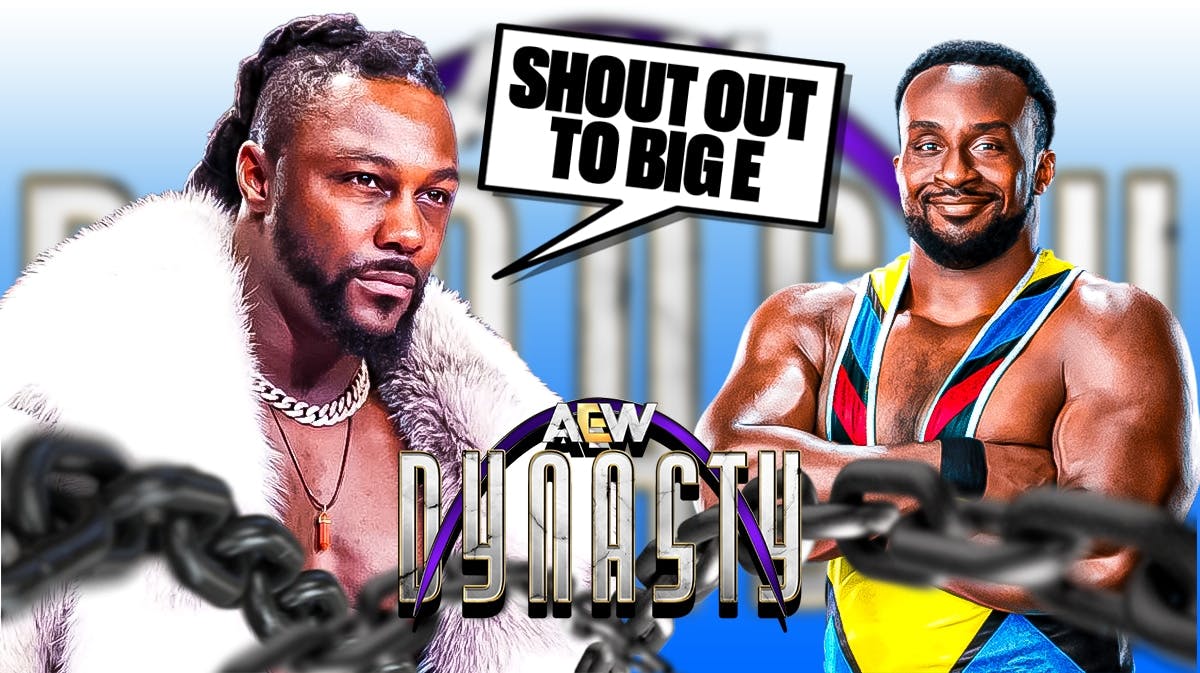 Swerve Strickland with a text bubble reading "Shout out to Big E" next to Big E with the AEW Dynasty logo as the background.