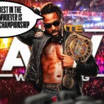Swerve Strickland holding the AEW World Championship with a text bubble reading "The real 'Best in the World' is whoever is holding this championship" with the AEW logo as the background.