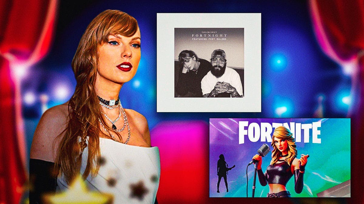 Taylor Swift, song cover for her single Fortnight (or a screenshot from the music video), and the game cover for the video game Fortnite