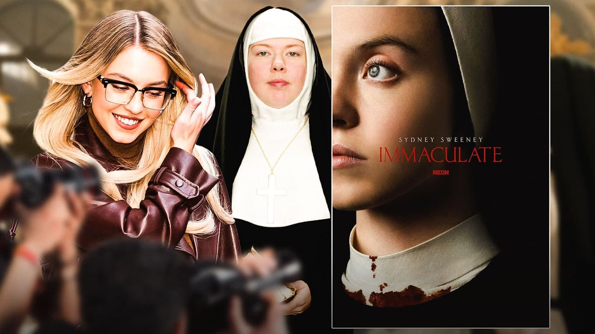 Sydney Sweeney next to nun and Immaculate poster.