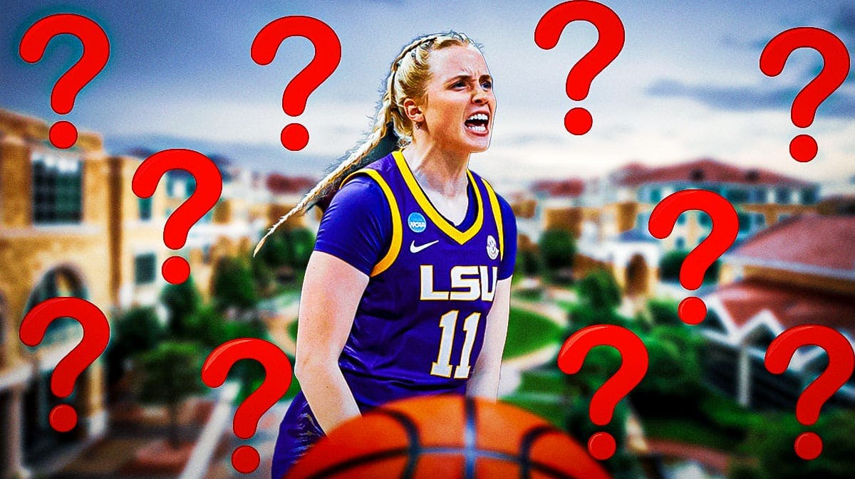LSU/TCU women's basketball player Hailey Van Lith, with the Texas Christian University campus in the background, and question marks surrounding Hailey