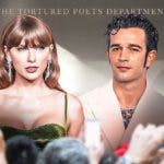 Taylor Swift, Matty Healy and the album cover for The Tortured Poets Department