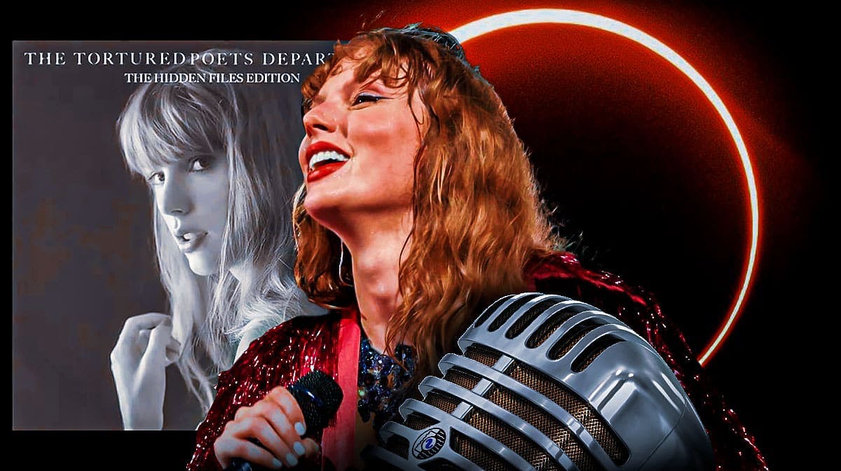 Collage of images -- Taylor Swift, album cover for The Tortured Poets Department, and pic of yesterday's solar eclipse