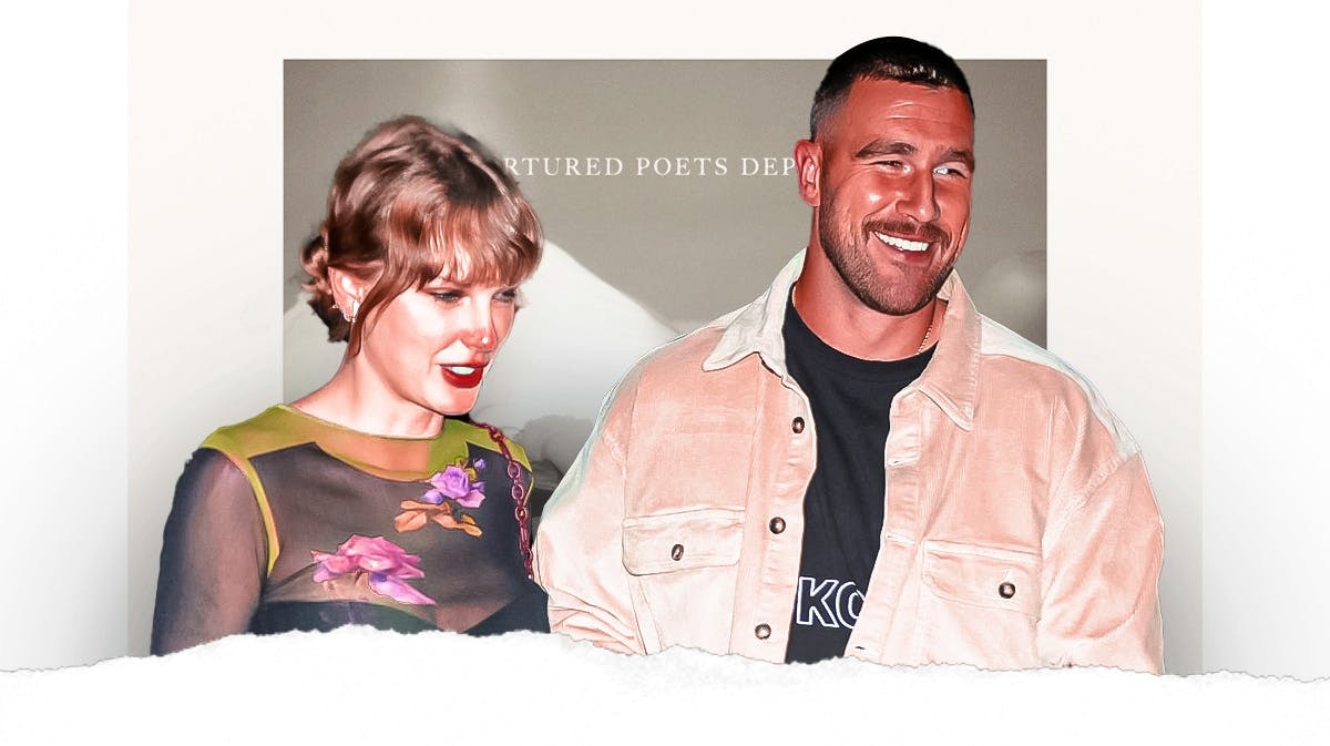Taylor Swift and Travis Kelce with The Tortured Poets Department cover