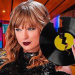 Taylor Swift holding a vinyl record and literally shattering it