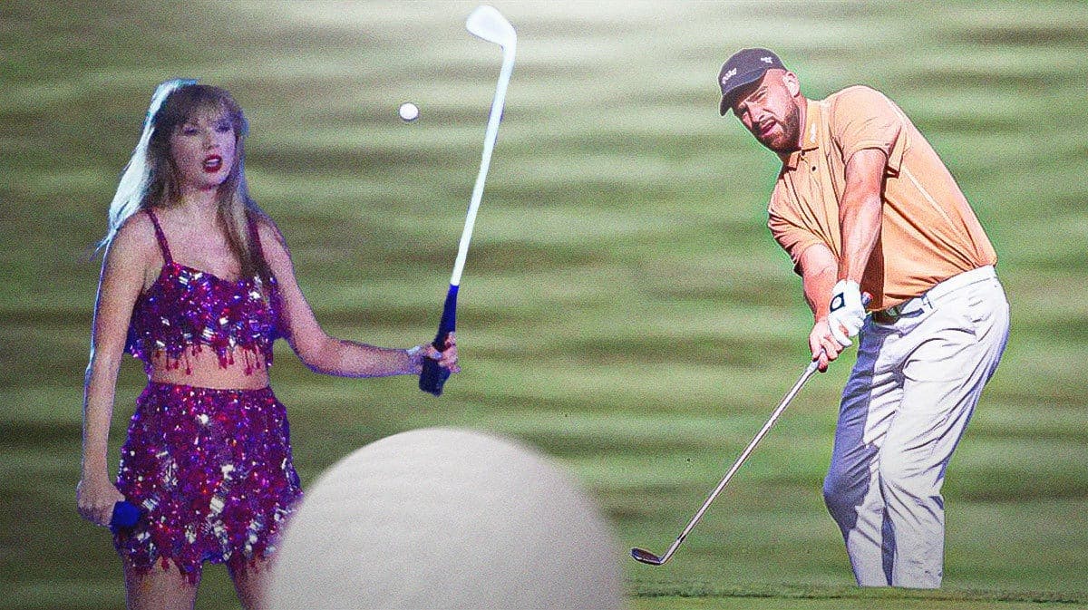 Travis Kelce and Taylor Swift on the golf course.