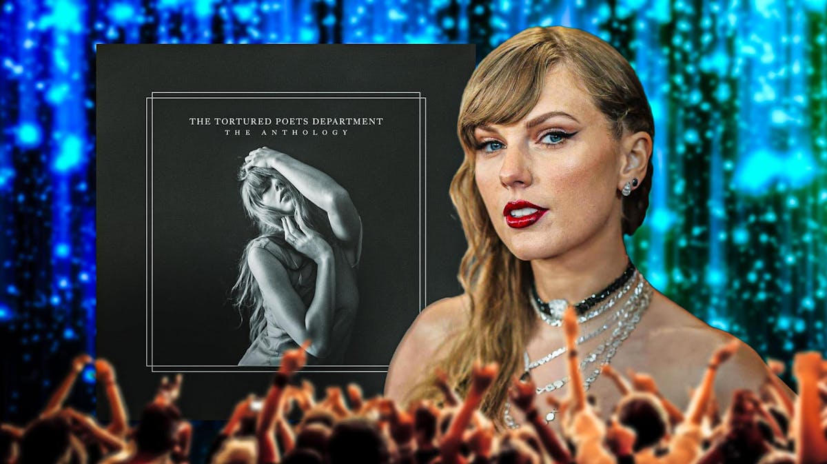 The Tortured Poets Department Anthology album cover next to Taylor Swift.