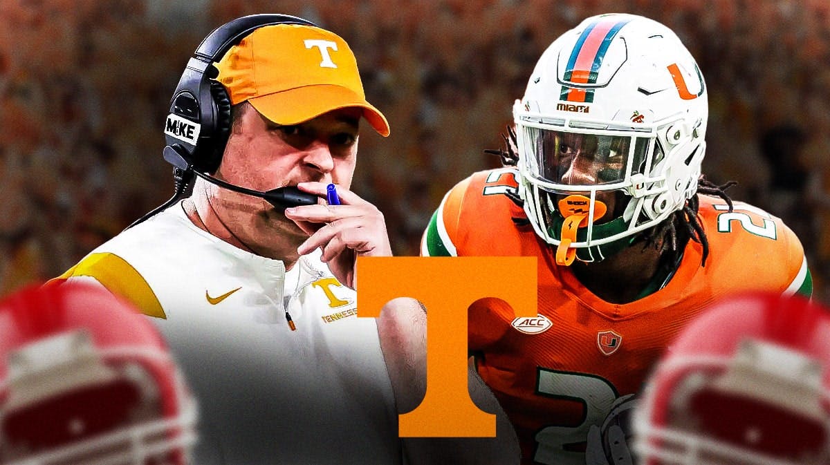 Tennessee football coach Josh Heupel, Tennessee football T logo and Miami running back Henry Parrish Jr.