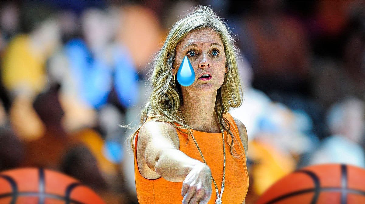 Tennessee women’s basketball coach Kellie Harper, with fake teardrops in her eyes