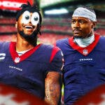 Joe Mixon (in a Texans uniform) smiling with eyeball emojis for eyes looking at former Bills WR Stefon Diggs (also in a Texans uniform).