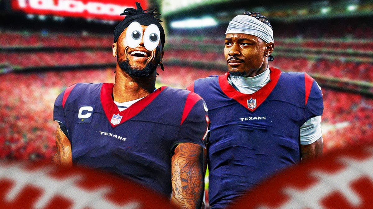Joe Mixon (in a Texans uniform) smiling with eyeball emojis for eyes looking at former Bills WR Stefon Diggs (also in a Texans uniform).