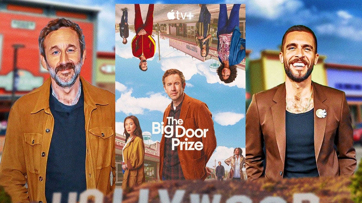 The Big Door Prize Season 2 poster with Chris O'Dowd and Josh Segarra with small town background.