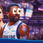 Mavericks' Luka Doncic and Mavericks' Kyrie Irving both inside of the American Airlines Center with their eyes popping out looking to the left.