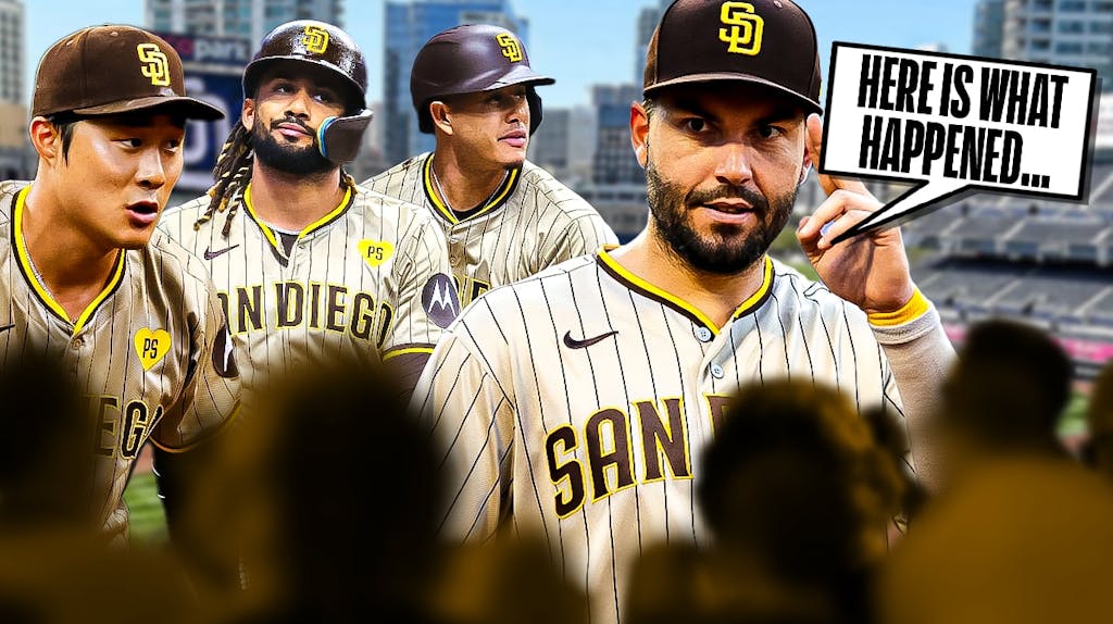 Padres' Eric Hosmer saying the following: Here is what happened... Need Padres' Fernando Tatis Jr., Padres' Manny Machado, and Padres' Ha-Seong Kim next to Hosmer. Petco Park background.