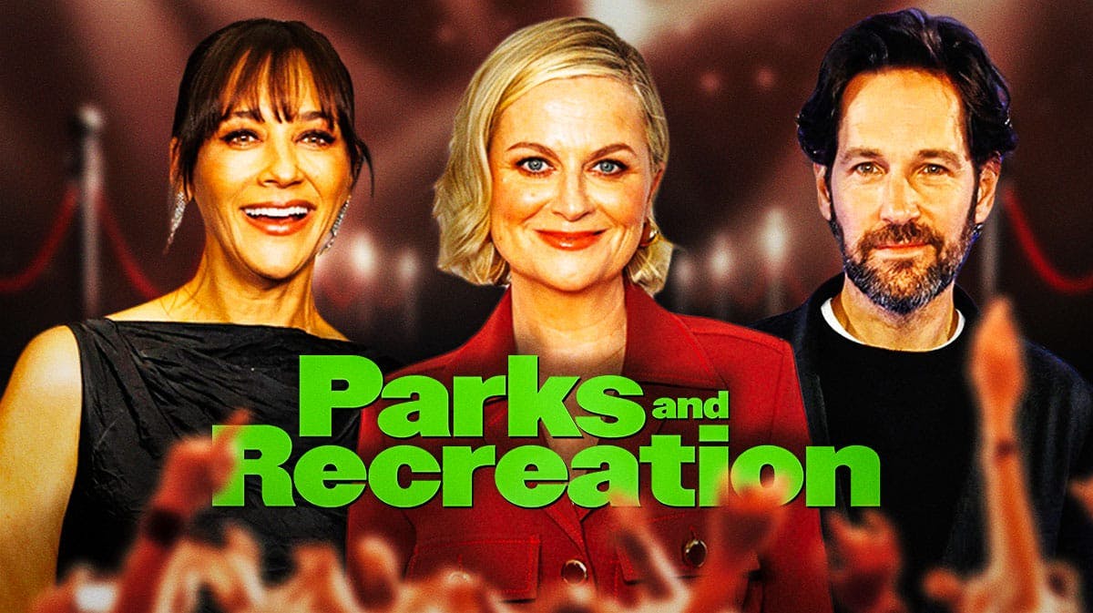 Rashida Jones, Amy Poehler, Paul Rudd and the Parks and Recreation logo