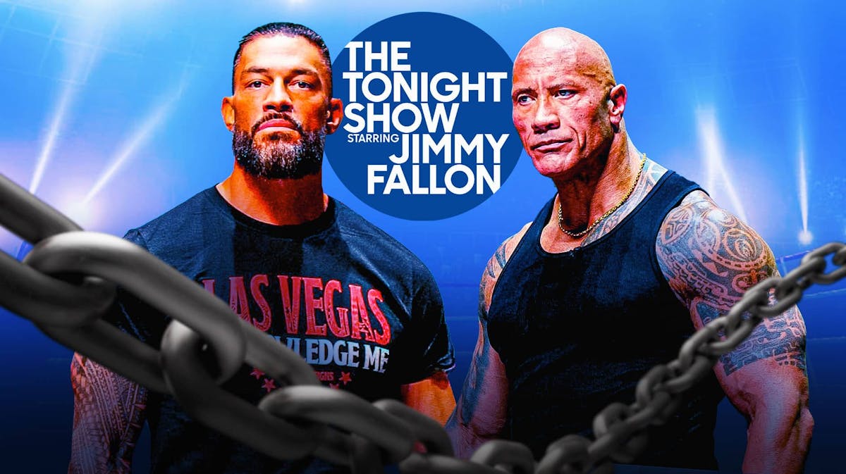 Roman Reigns and The Rock in front of the Tonight Show Jimmy Falon logo.