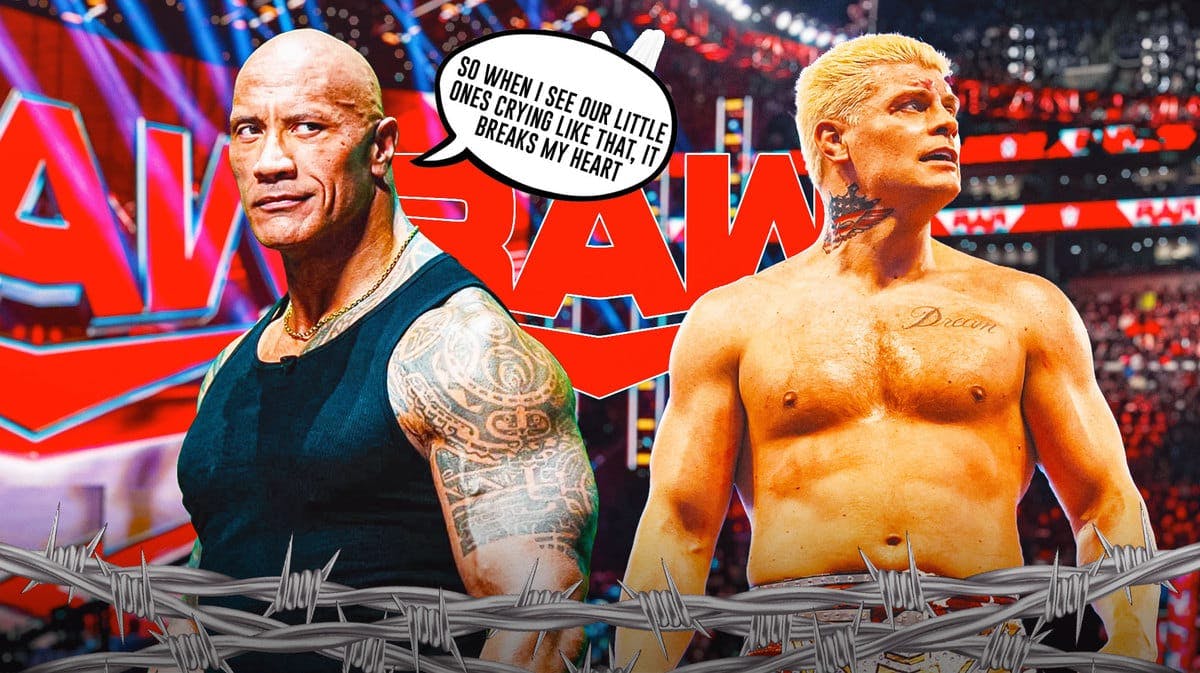 The Rock with a text bubble reading “So when I see our little ones crying like that, it breaks my heart” next to Cody Rhodes with the RAW logo as the background.