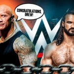 The Rock with a text bubble reading "Congratulations, Drew!" next to Drew McIntyre with the WWE logo as the background.