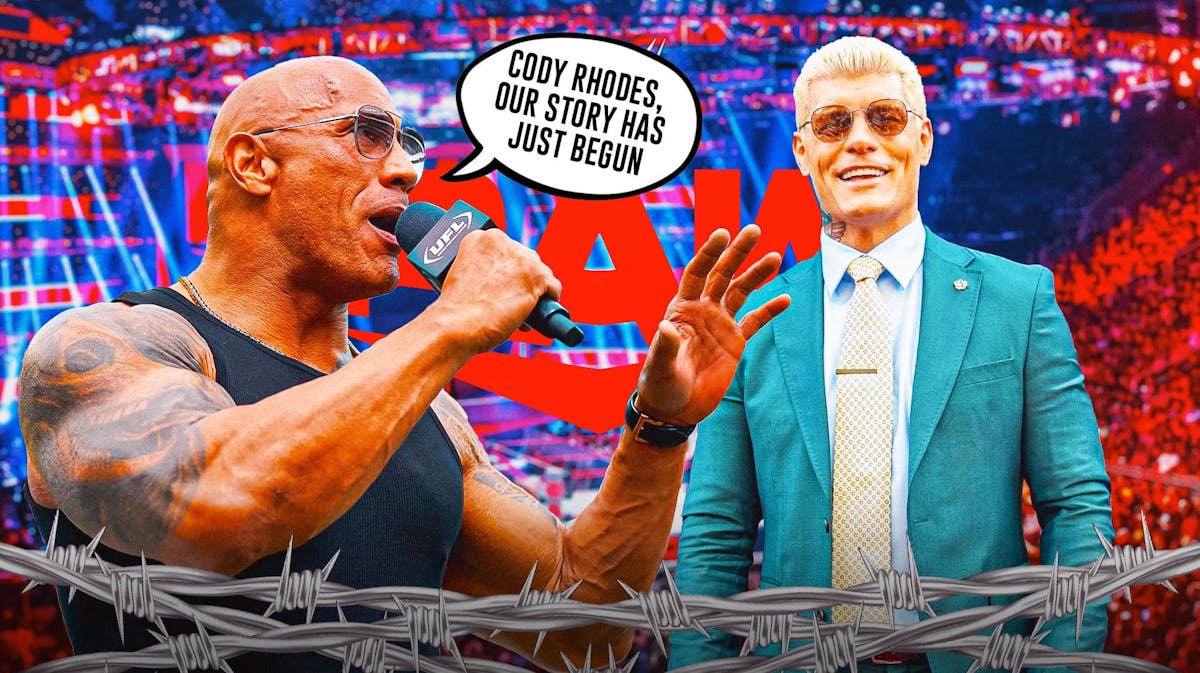 The Rock holding a microphone with a text bubble reading "Cody Rhodes, our story has just begun" next to Cody Rhodes in a suit with the RAW logo as the background.
