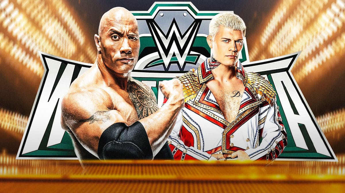 2024 The Rock next to Cody Rhodes with the WrestleMania 40 logo as the background.
