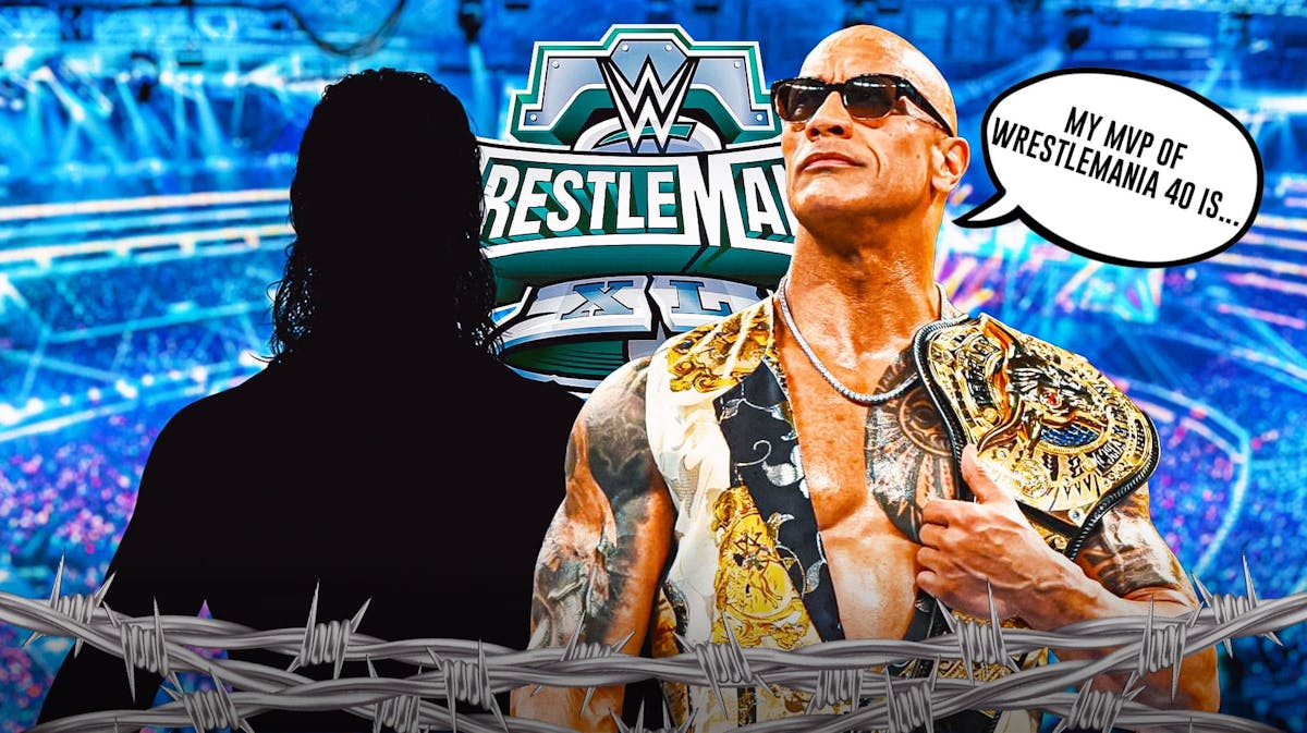 The Rock with a text bubble reading "My MVP of WrestleMania 40 is..." next to the blacked-out silhouette of Seth Rollins with the WrestleMania 40 logo as the background.