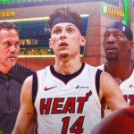 Miami Heat stars Tyler Herro, Bam Adebayo, and head coach Erik Spoelstra in front of TD Garden.