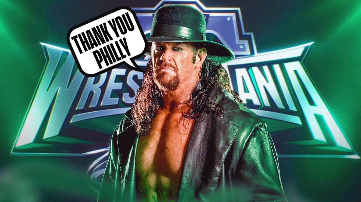 The Undertaker with a text bubble reading "Thank you Philly" with the WrestleMania 40 logo as the background.
