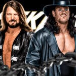 The Undertaker with a text bubble reading "AJ Styles checks all the boxes" next to AJ Styles with the WWE Backlash logo as the background.