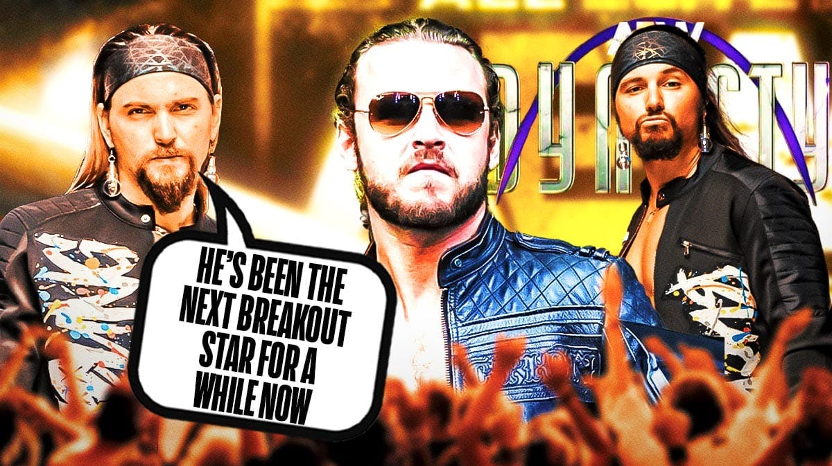 Nick Jackson of the Young Bucks on the left with a text bubble reading "He’s been the next breakout star for a while now" 2024 Jack Perry in the middle and Matt Jackson of the Young Bucks on the right with the AEW Dynasty logo as the background.