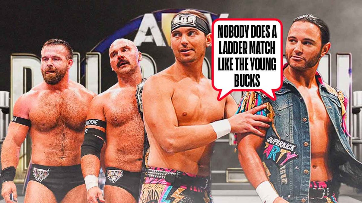 The 2024 Young Bucks with a text bubble reading "Nobody does a Ladder match like the Young Bucks" next to FTR with the AEW Dynasty logo as the background.