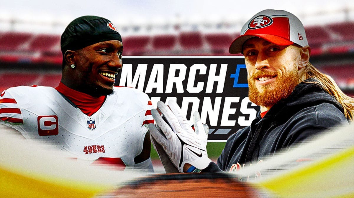 49ers players Deebo Samuel, George Kittle with March Madness logo behind them.