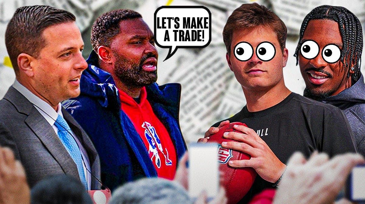 A newspaper as the background, Eliot Wolf and Jerod Mayo on one side with a speech bubble that says "Let's make a trade!" Jayden Daniels and Drake Maye on the other side with the big eyes emoji over their faces