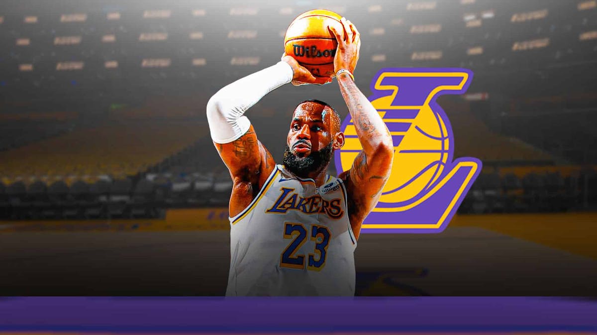 Lebron James attempting a 3-point shot Lakers logo on the background.